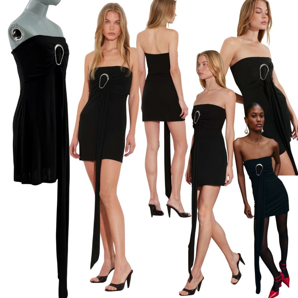 🆕 RAT & BOA 🧿 NWT Selma Little Black Strapless Dress, Buckle Draping - Sz L